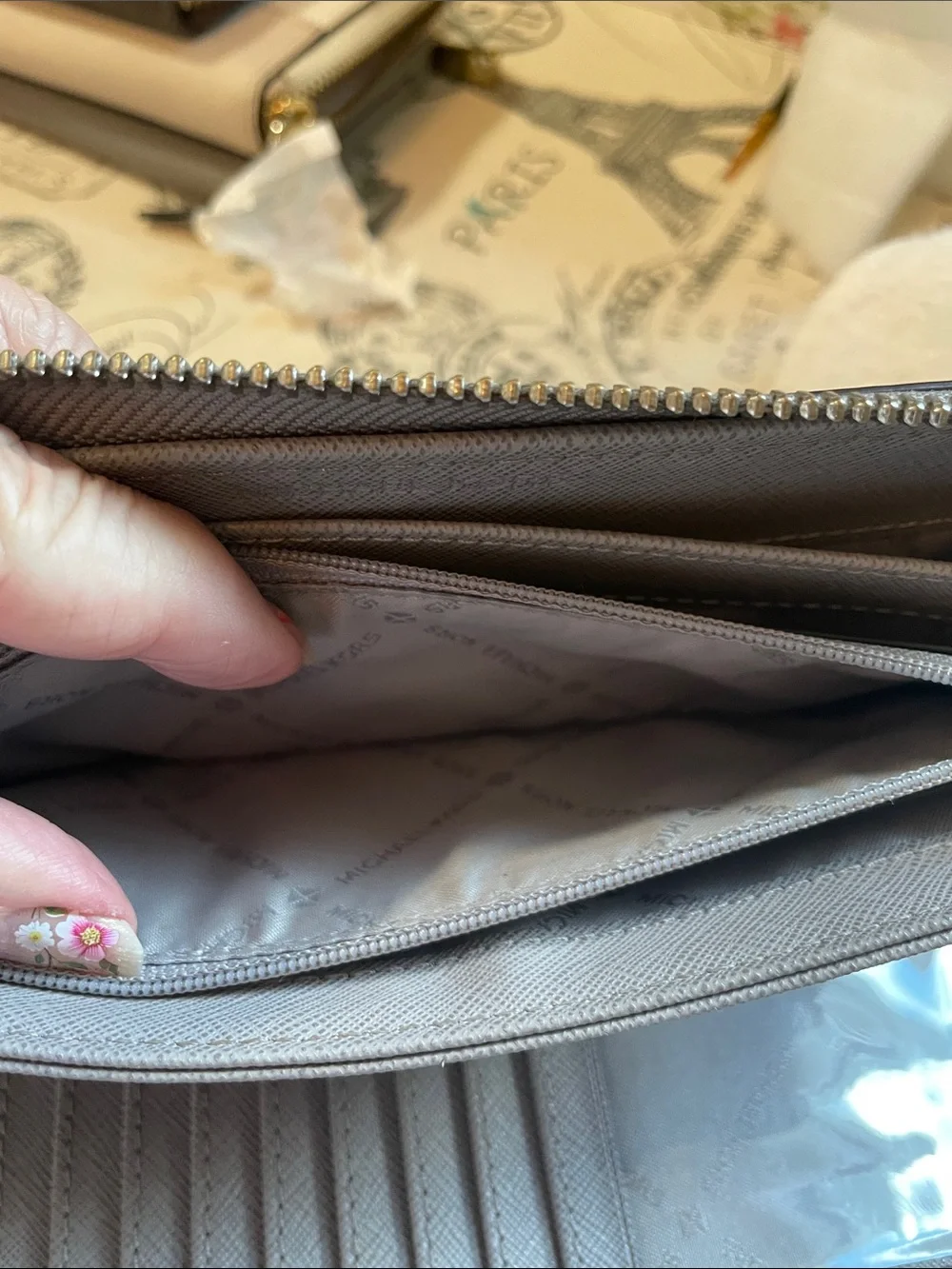 Michael Kors Taupe Stone Grey  Pebbled Leather Wristlet Wallet
